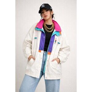 Vintage Colorblock Windbreaker Jacket Women’s 16W White 80s  Retro Coat